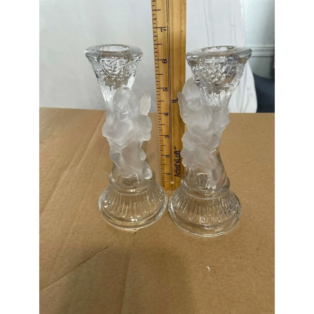 Cherub Candlestick Holders Set of 2 Clear Frosted Glass Angel‎ Decor